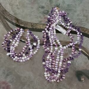 14K Purple White Freshwater Pearls + Amethyst Beaded Necklace and Bracelet Set